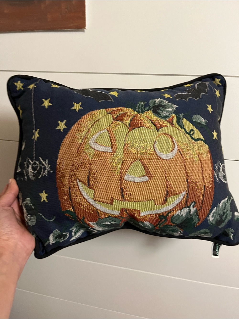 Vtg Newport Halloween Tapestry Throw Pillow Jack-O-Lantern Pumpkin Bat 16x12